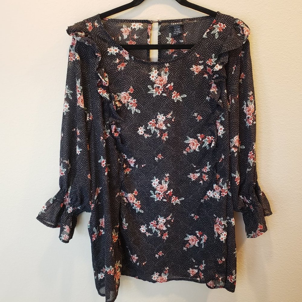 Torrid Black Floral Dot Smocked Top 4X - Picture 4 of 10